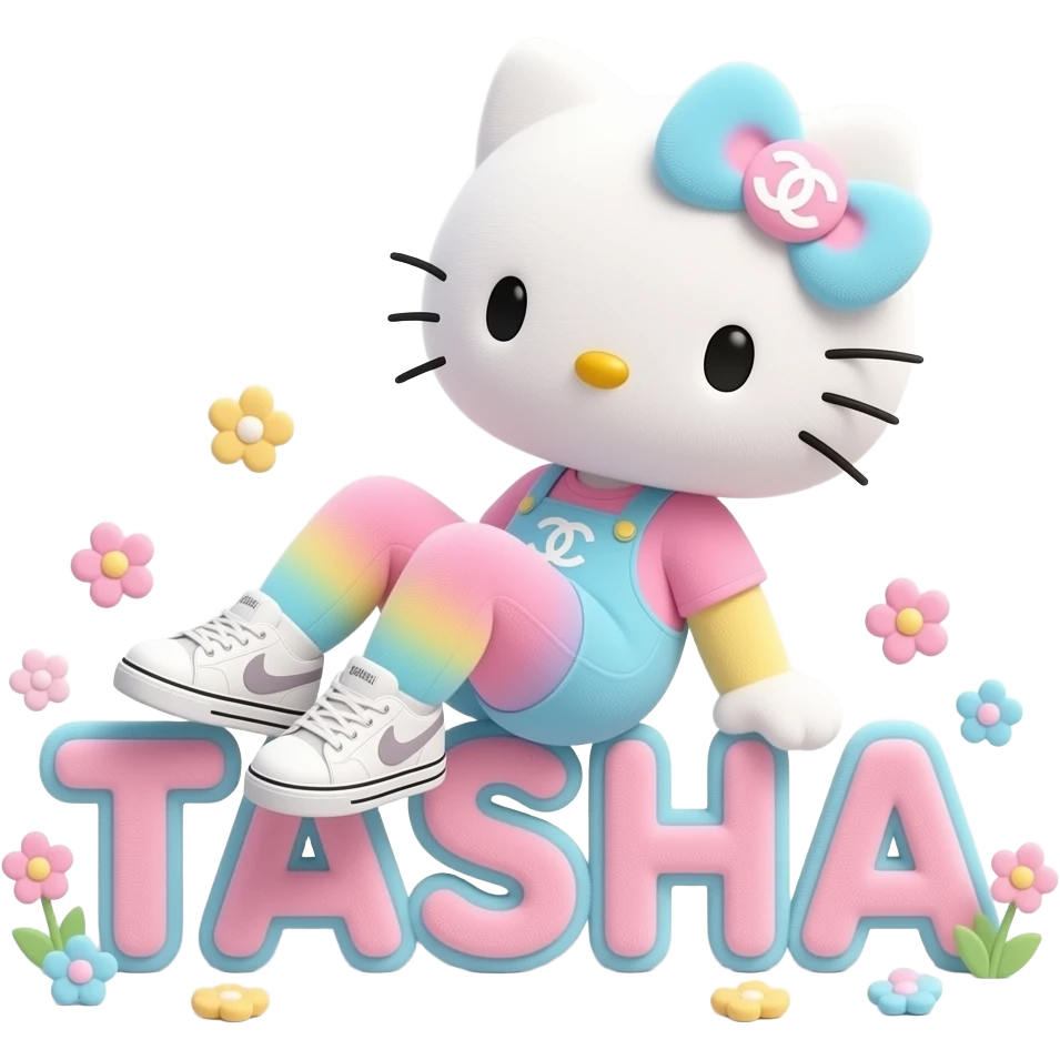 4D Velvety fur hello kitty wearing ombre white and blue and pink yellow ombre pastel colored leggings and sneakers, and with the Chanel symbol on her ombre pastel bow sitting sideways leaning back on top of the velvety 3D outlined letters TASHA surrounded with tiny ombre pastel flowers made of candy emoji