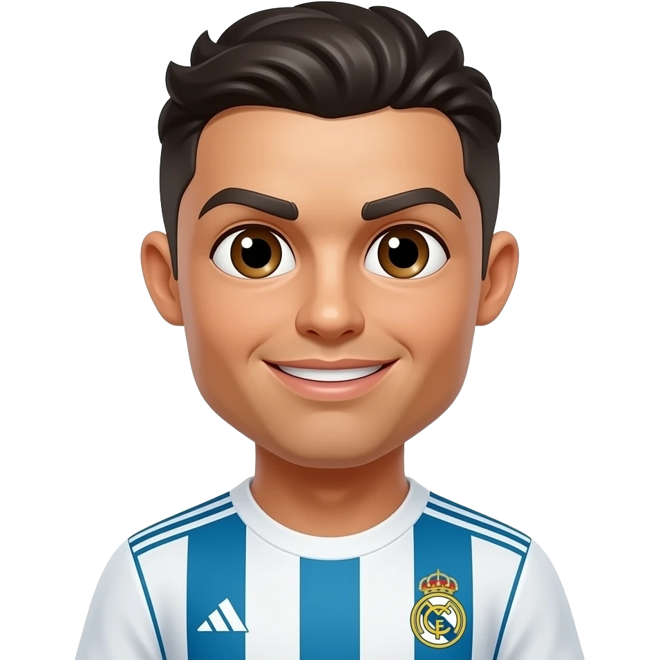 Cartoon Ronaldo character in Real Madrid striped jersey, one extra realistic human eye placed in the center of his forehead, clean gradient background, flat 2D Disney-style illustration, bright colors emoji