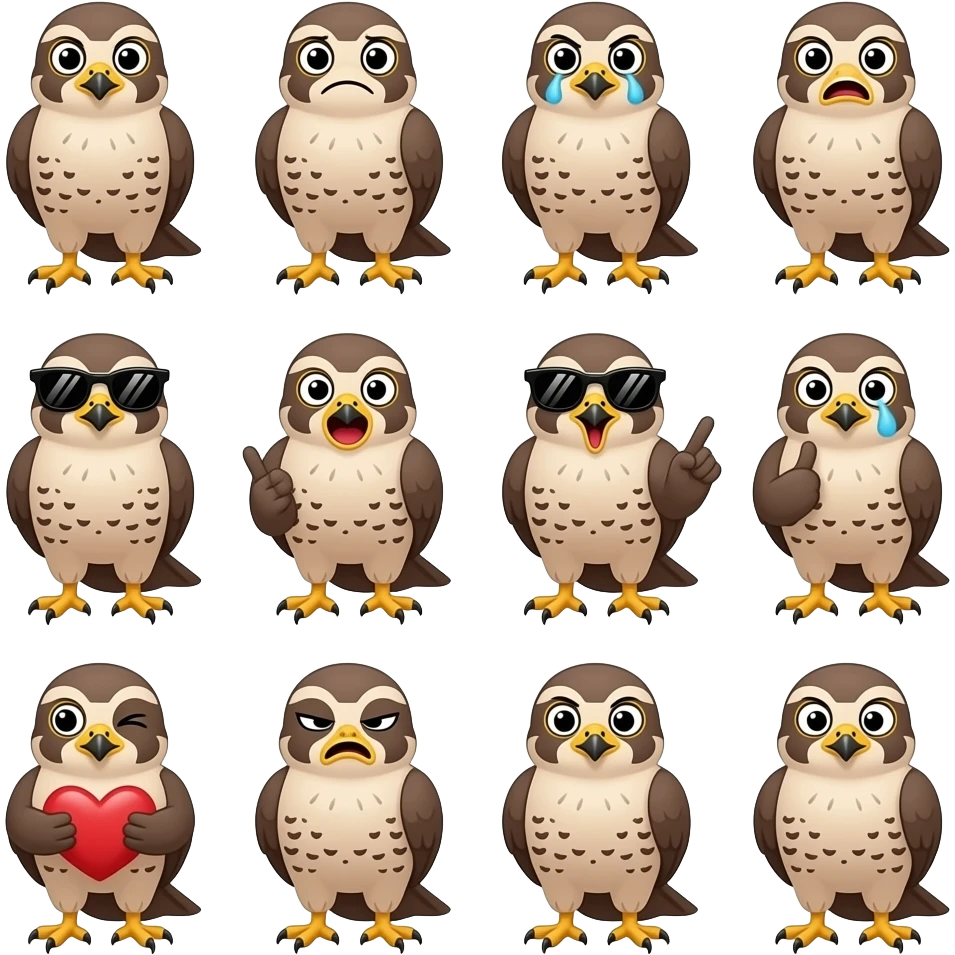 falcon emojis with different expressions such as happy, sad, angry, disappointed, horrified, laughing crying, fingerguns, cool with sunglasses, schocked, holding a heart, smug face, side eye, shy, excited emoji
