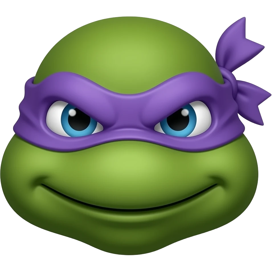 Donatello Ninja Turtle head wearing purple mask with knot on one side with tails, serous face emoji