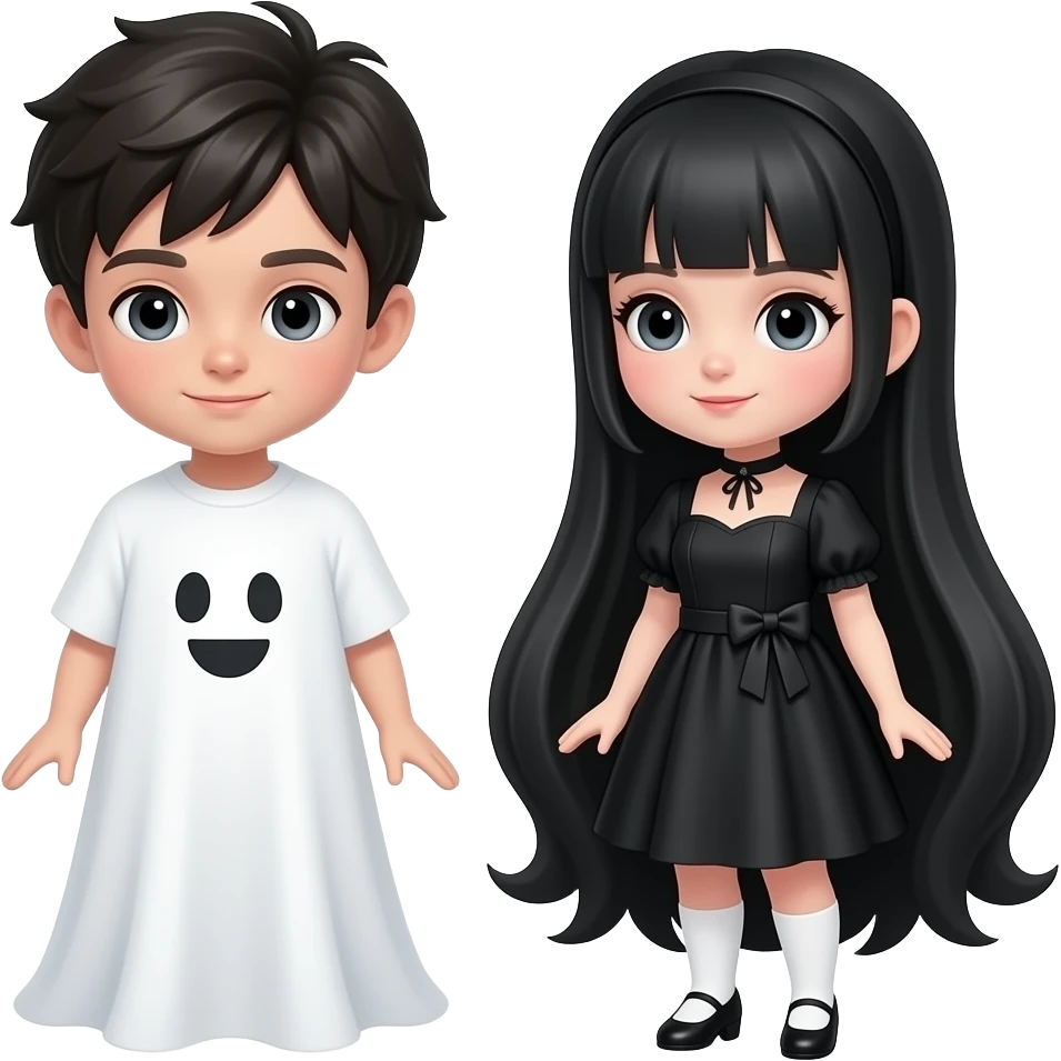 same exact cute 3D ghost couple emoji, 3/4 left angle, white ghost boy and gothic ghost girl, kawaii style, glossy 3D emoji render, only camera angle changes, same character identity, same proportions, same colors emoji