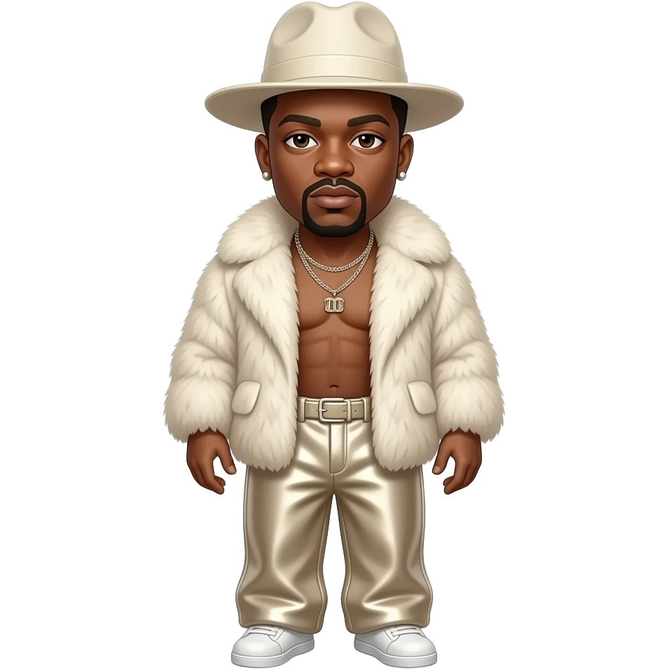 The Notorious B.I.G. with dark brown eyes, black buzz cut hair, ivory hat, ivory fur shawl, ivory metallic baggy pants, shirtless with necklace and earrings emoji
