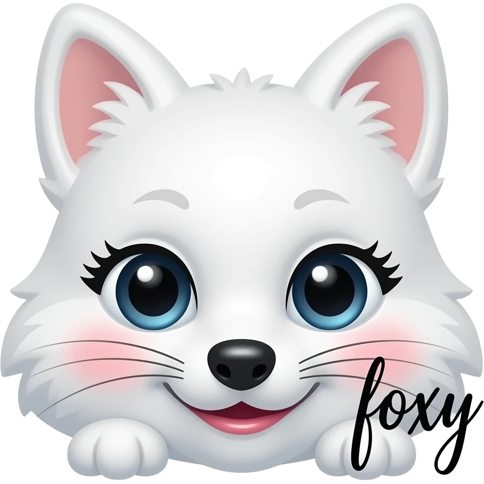 Cute white fox emoji with pretty long lashes and big eyes and pink lips and cheeks with manhwa type and only face and written upside with small elegant writting "foxy" emoji