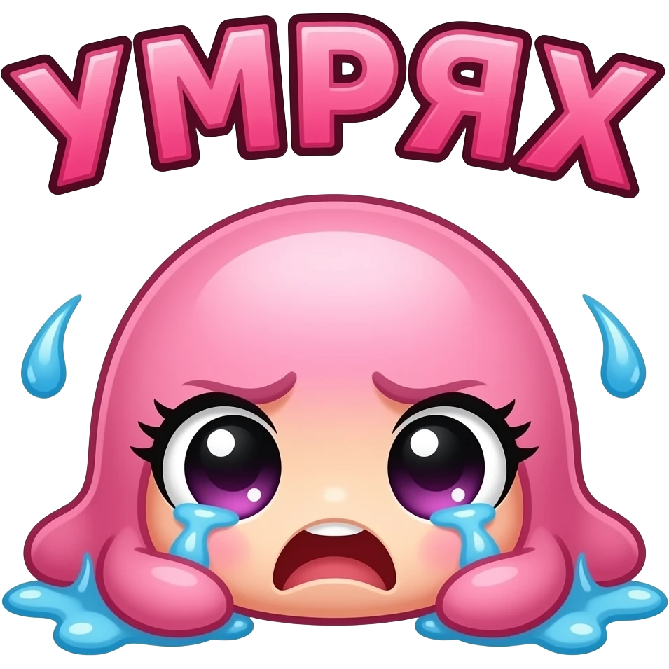 cute twitch emote, exhausted pink chibi character collapsing dramatically, huge teary eyes, chaotic gamer energy, bold bulgarian text “УМРЯХ”, glossy highlights, transparent background, thick outline, ultra readable, funny spam emote style emoji