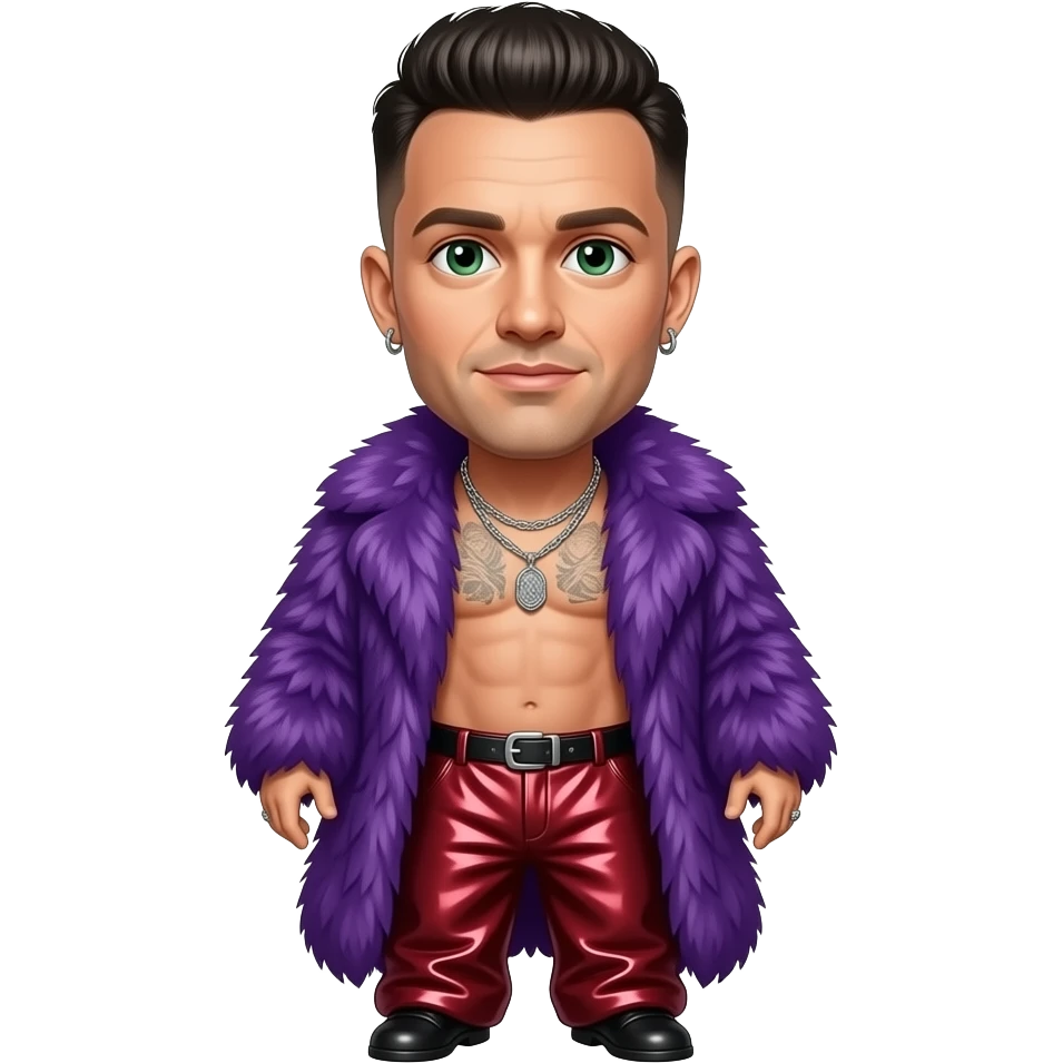 Robbie Williams with dark green eyes, black hair, Purple fur shawl, Crimson metallic baggy pants, shirtless with necklace and earrings emoji