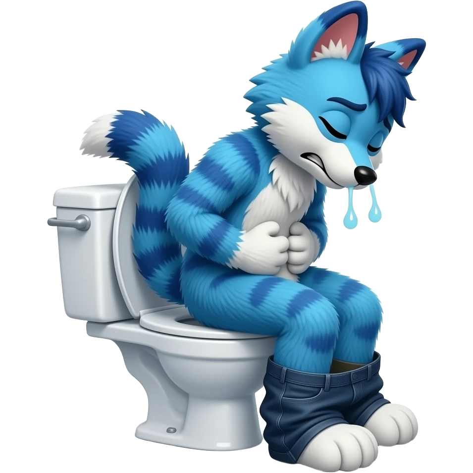 blue fursuit sitting on toilet, side view, pants down, sitting on toilet, side view, pants down, straining,  eyes closed, pushing, squeezing, sick, hands on stomache emoji