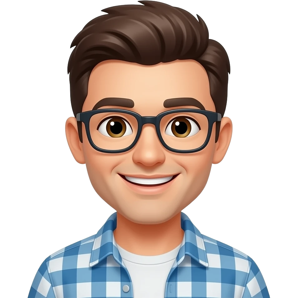 Создай чела в очках улыбающегося , и сверху подпись на хайпе emoji