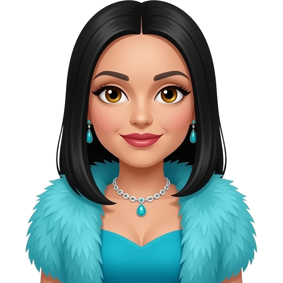Cher, Pop Singer with hazel eyes, long black straight hair, cyan fur shawl, turquoise dress, necklace and earrings emoji