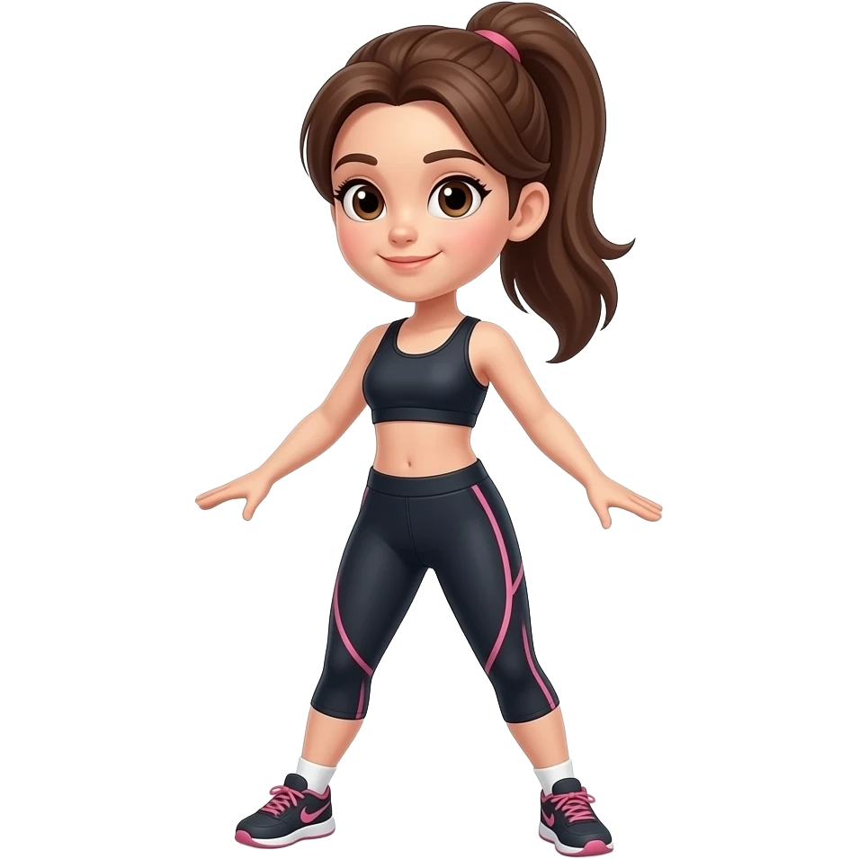 Girl dancer with brown hair brown eyes in workout clothes in a ponytail emoji