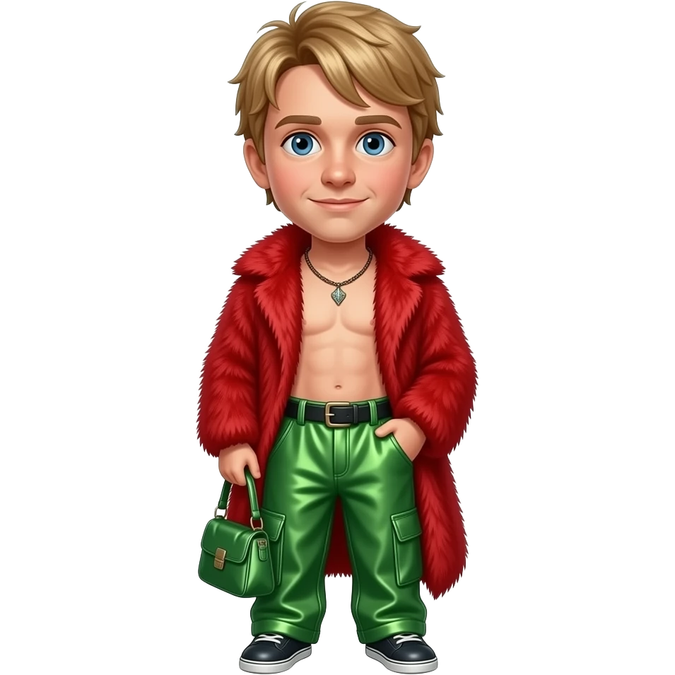 Macaulay Culkin with blue eyes, dirty blonde hair, red fur shawl, green metallic baggy pants, shirtless with necklace emoji