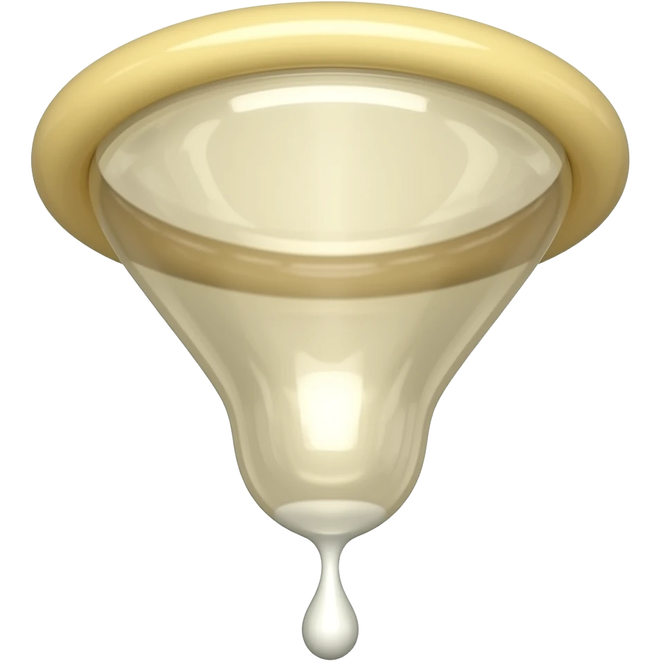 Bild von einem glänzenden, benutzten , schlaffen, mit dem  Reservoir Hängend nach unten und tropfendes Kondom, in dem condom ist eine weißlich, Geleeartige Flüssigkeit in der Spitze dem Reservoir emoji