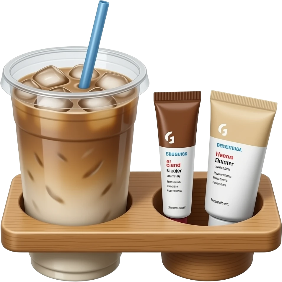 an ultra-realistic craft cup holder with two compartments, in one compartment there is an ice latte, and in the second compartment there is a brown lip balm “Glossier” and a hand cream in a beige package emoji