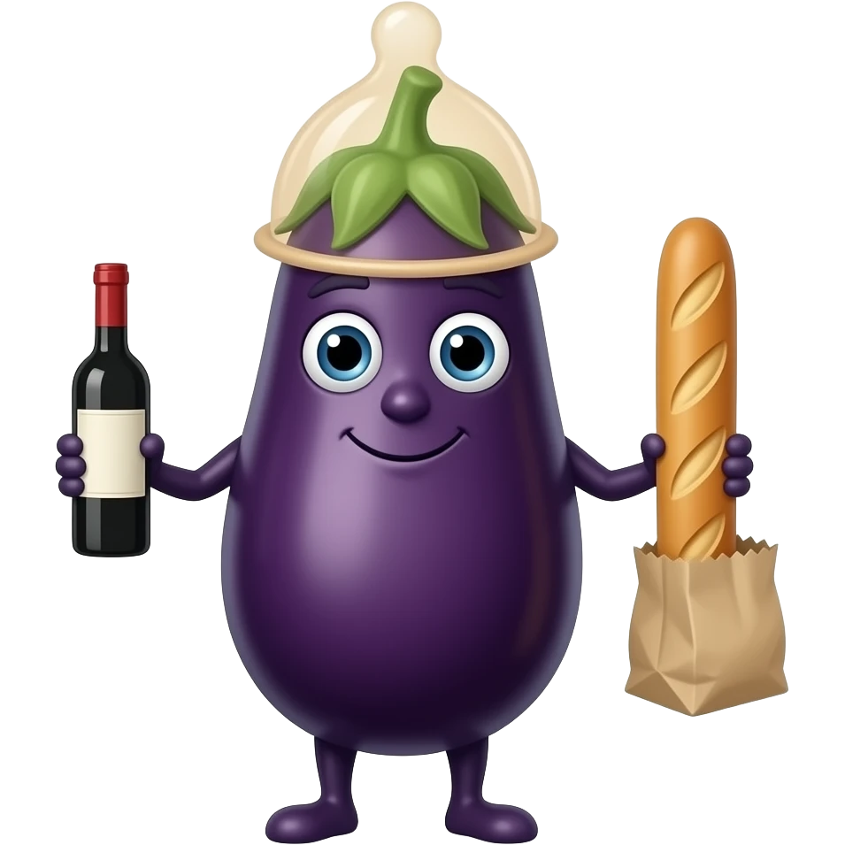 Aubergine ave un preservatif sur la tete et tenant une petite bouteille de vin dans une main et une baguette dans l'autre emoji