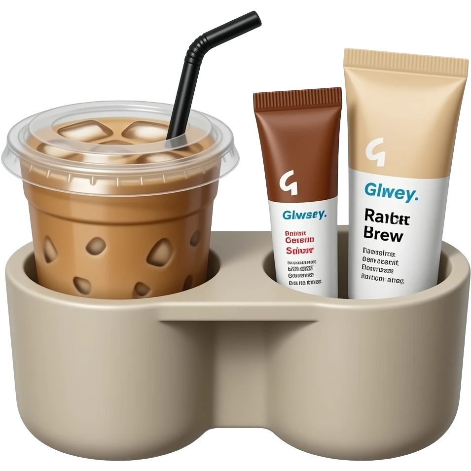 an ultra-realistic craft cup holder with two compartments, in one compartment there is an ice latte, and in the second compartment there is a brown lip balm “Glossier” and a hand cream in a beige package emoji