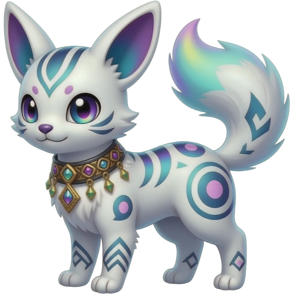 Rare cute edgy cool elegant beautiful neon iridescent white exotic cute epic aesthetic gothic colorful Salandit-Eevee-Civet-species-Fakemon-hybrid-creature, with a collar, and with intricate tribal markings, full body emoji