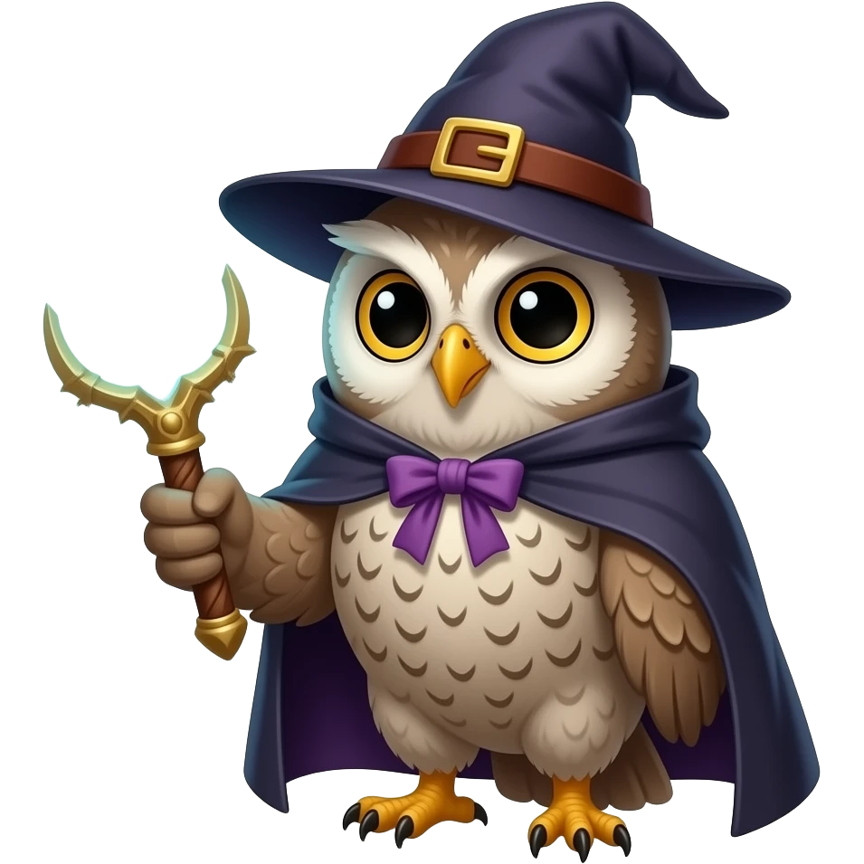 a owl wearing a witch hat and cape with holding a magical ward emoji ...
