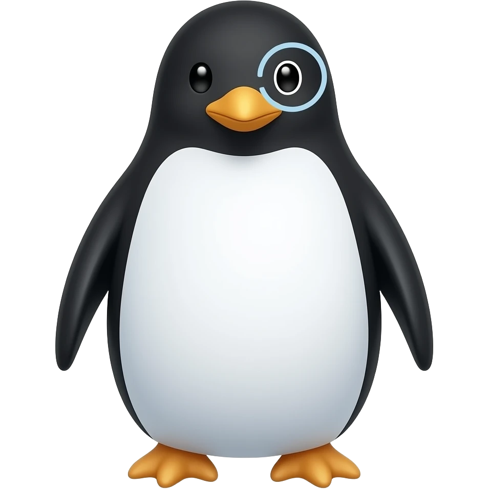 Make a penguin emoji , minimalistic, one eye is loading, like a loading circle around the eye,neutral expression , make it only lines, with no colors filled emoji