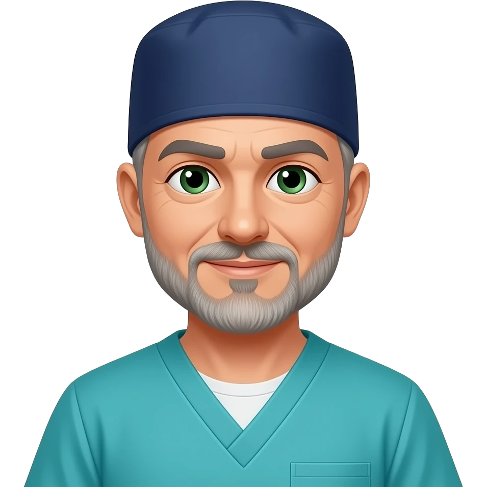 surgeon with navy cap, torquoise scrubs, no tshirt, green eyes, gray hair, five o'clock shadow emoji