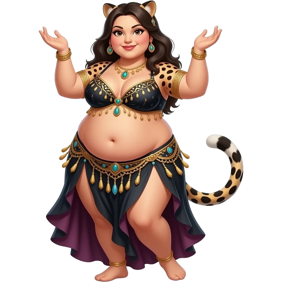 A female leopard belly dancer,with an morbid obese love handles & muffin top midriff,her bellybutton bulging from being stuffed to the max after a luncheon buffet,She dances then her bouncy belly wobbles a lot. emoji