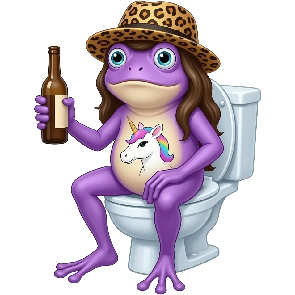 hacme una rana boracha i que tenga la votella con un gorro con forma de leopardo con el pelo largo i pintado de unucorniocon botella de borachopiel lilaen un retrete con un humano emoji