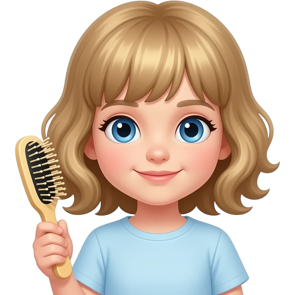 white kid blue eyes mid length with bangs soft curly hair to shoulders in color: middle to little darker blonde, with a hair brush emoji