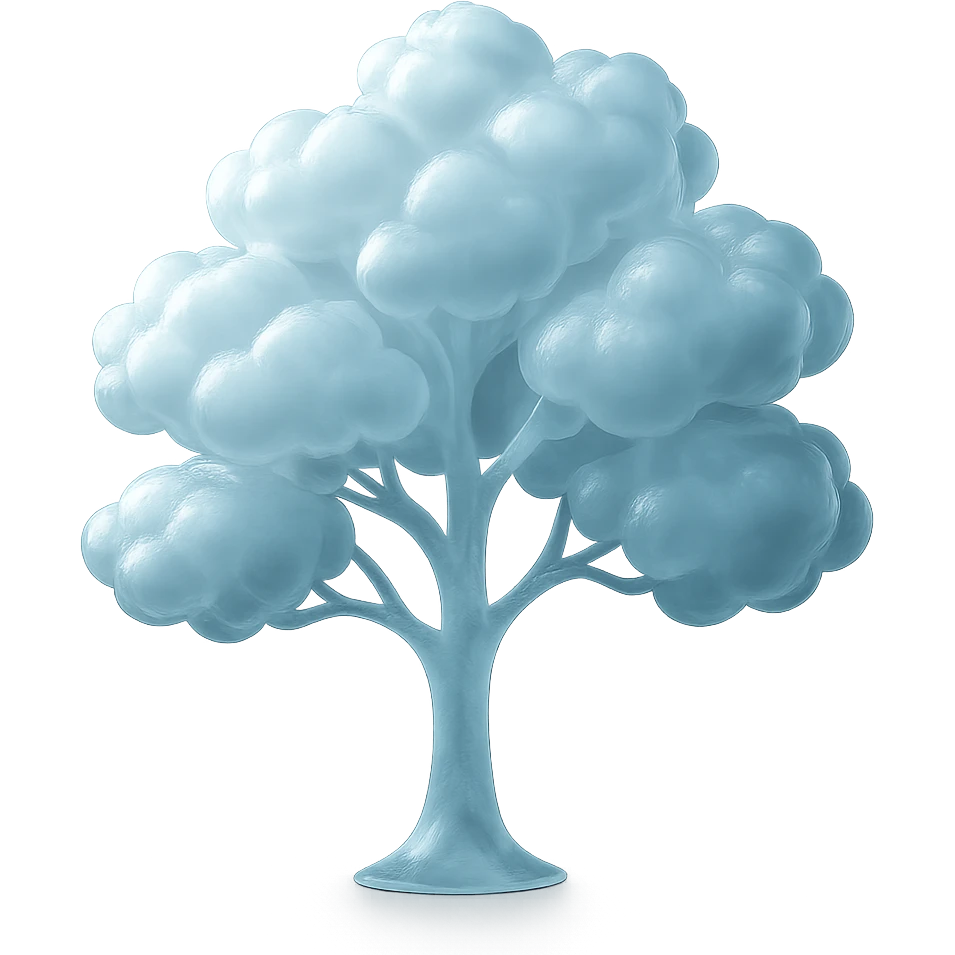one tree with many branches and a white trunk, crown made of small very bright white fluffy convex clouds, matte glass style emoji