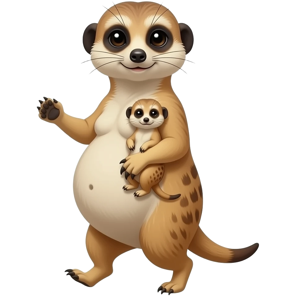 A female Meerkat now wants to give a try to walk,but with her fat stomach so big she has to get a grip of it and hold it up then cradle her food baby, it is a guessing game with her bun in the oven,but she knows she is just fat,her bellybutton makes agreement with clues. emoji