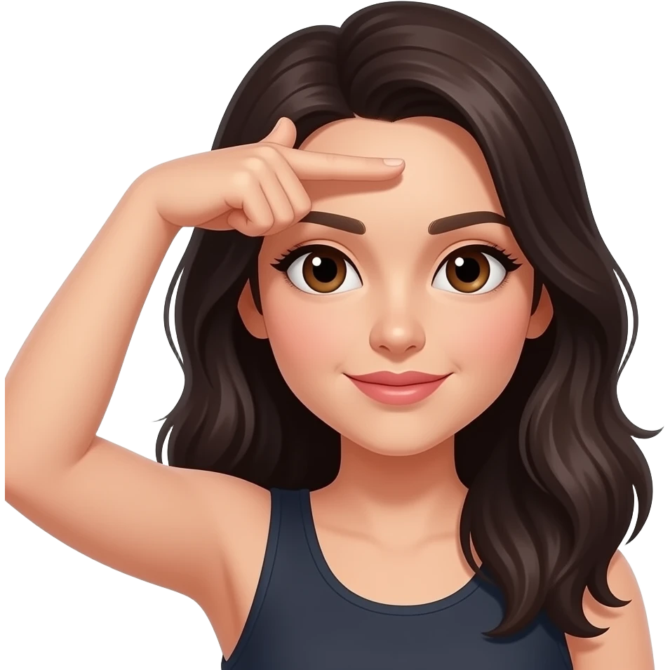 woman with long dark hair and brown eyes making L shape with hand on forehead emoji