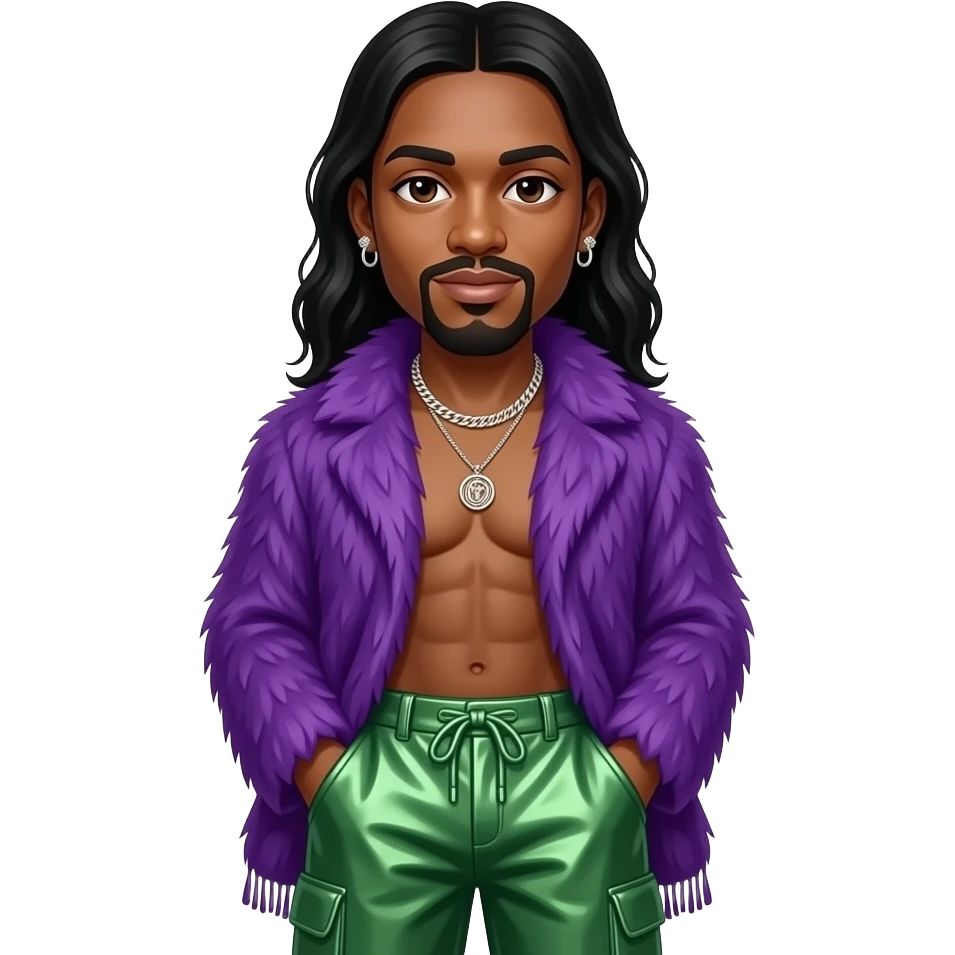Katt Williams with dark brown eyes, long black hair, purple fur shawl, emerald green metallic baggy pants, shirtless with necklace and earrings emoji