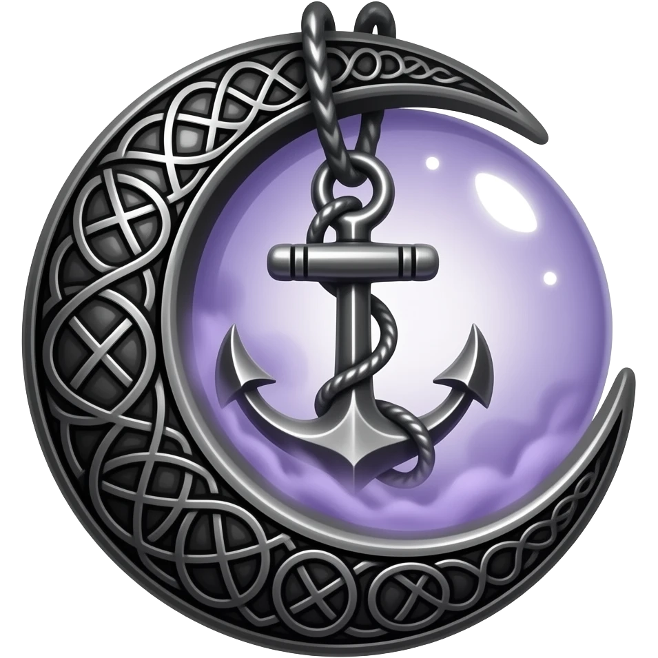 „blackened crescent‑moon and anchor pendant fused together, intricate runic engravings, small purple crystals emitting mist, moonlight reflecting on metal, ethereal atmosphere, high detail, no characters“ emoji