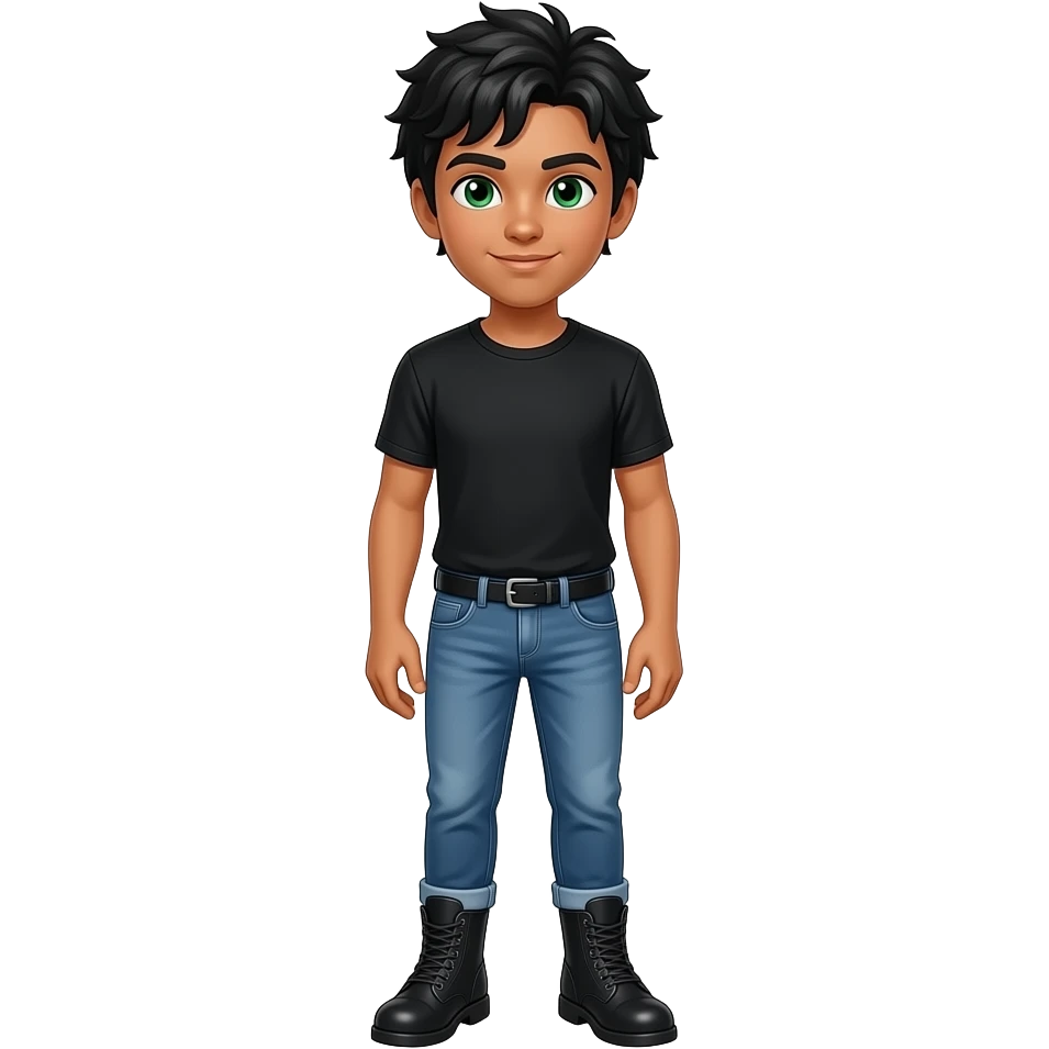 young man with messy black hair, tan skin, a confident facial expression and bright green eyes, in black t-shirt, jeans and boots full body emoji emoji