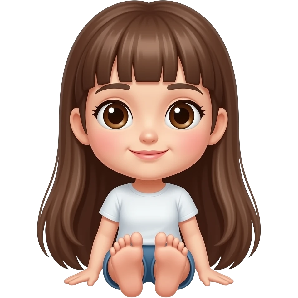 girl with white skin, brown striagh hair, no bangs, sitting down, sexy showing toes and full foot emoji