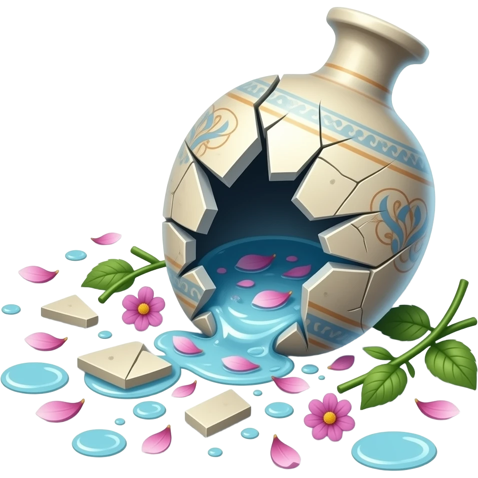 A shattered vase on the floor, broken into pieces. Flowers scattered around with petals and bent stems, water spilled creating small puddles. emoji
