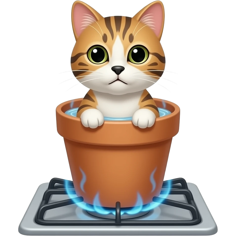 sad cat in a pot on the stove with boiling water emoji