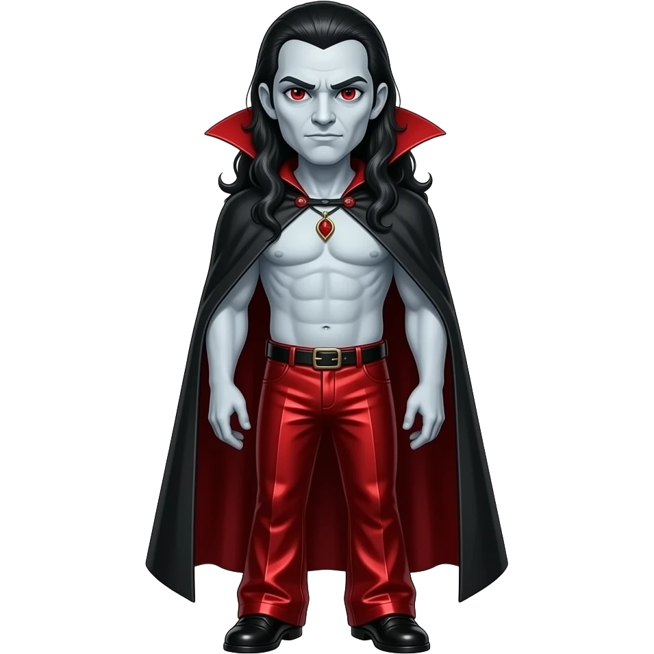 Count Dracula with pale grey skin, red eyes, long black hair with white highlights, crimson cape, crimson metallic faux wide leg pants, shirtless with necklace emoji