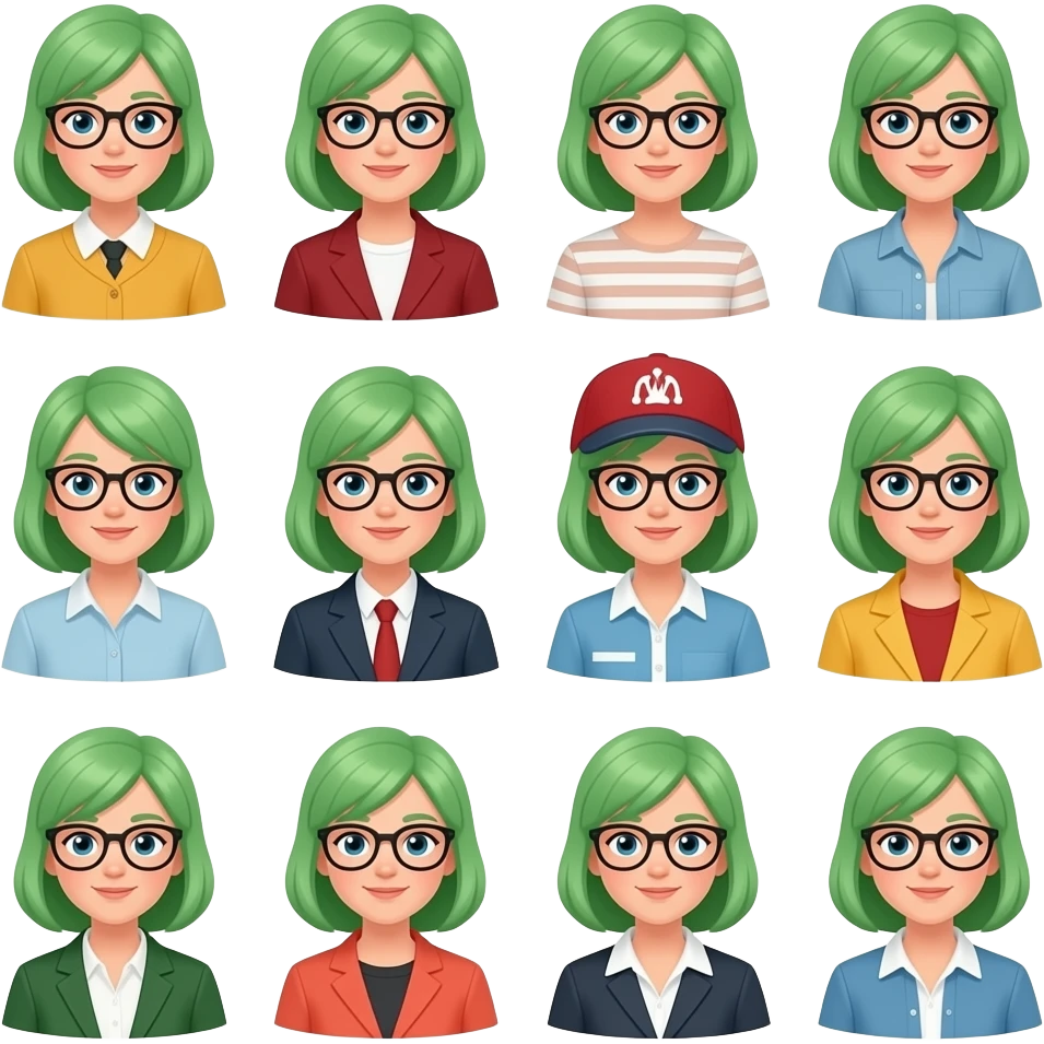 Green hair woman in different outfit with glasses emoji