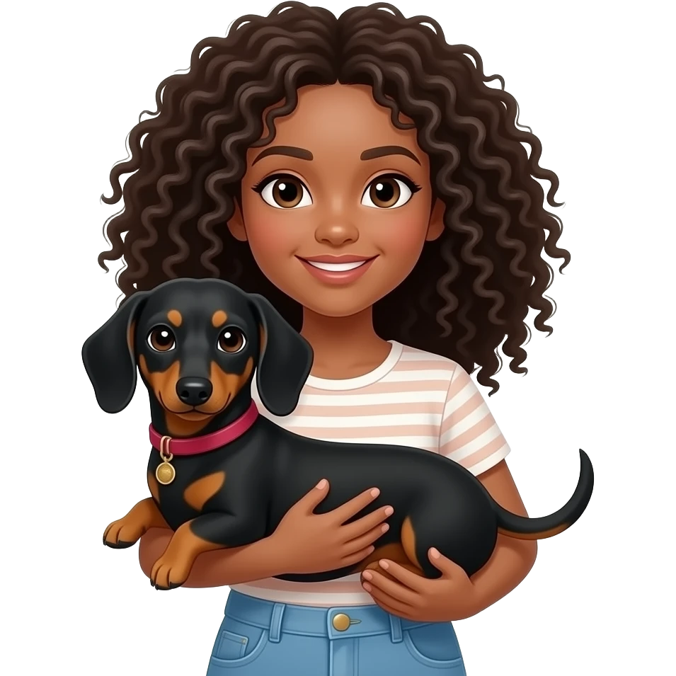 Quiero un emoji de una niña de pelo risado con un perro salchicha en brazos de cabello oscuro por favor emoji