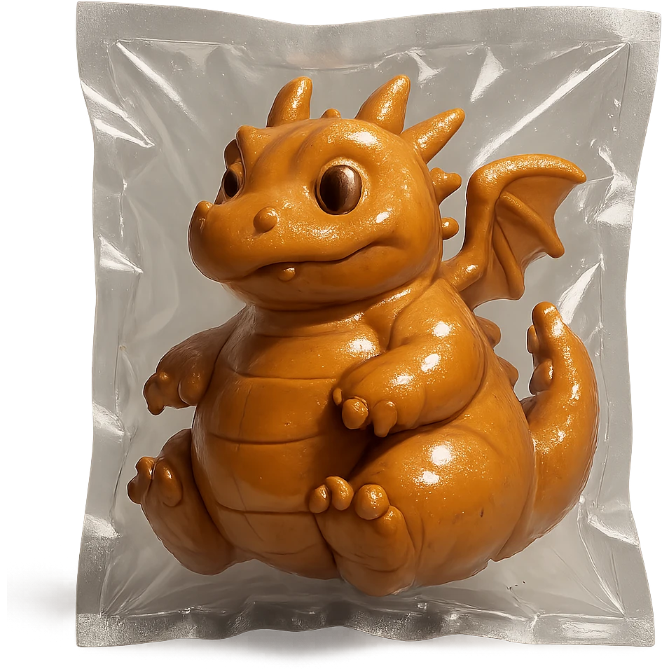 vacuum sealed style dragon, chubby and playful, shiny plastic, no text emoji
