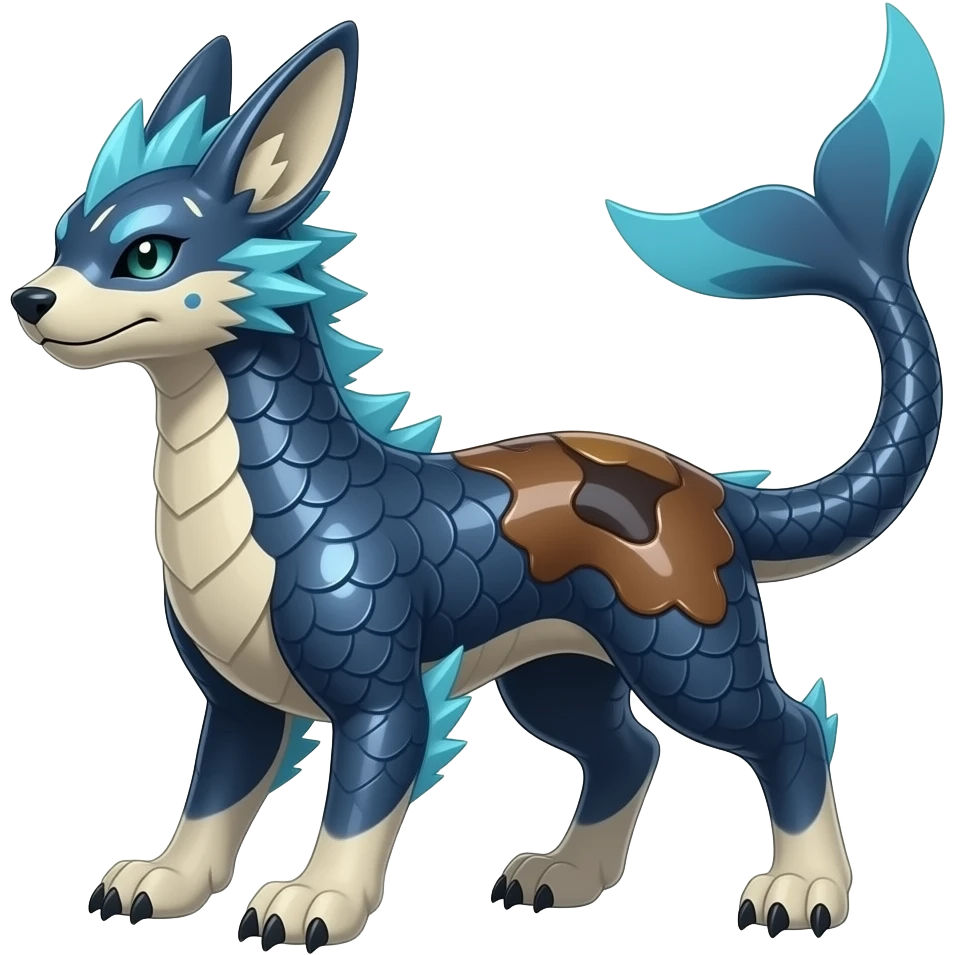 Tough Quadrupedal digitigrade shiny glossy smooth finned frilled gothic tall slim unique epic legendary shiny edgy cool cyberpunk-solarpunk-fantasy-Absol-Sprigatito-Vaporeon-Furret-Manectric-Mudkip-Fakémon-hybrid with an orca tail emoji