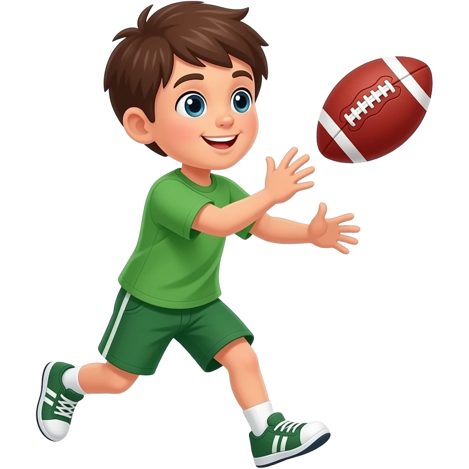 young boy wearing a green top and shorts, catching a red football emoji