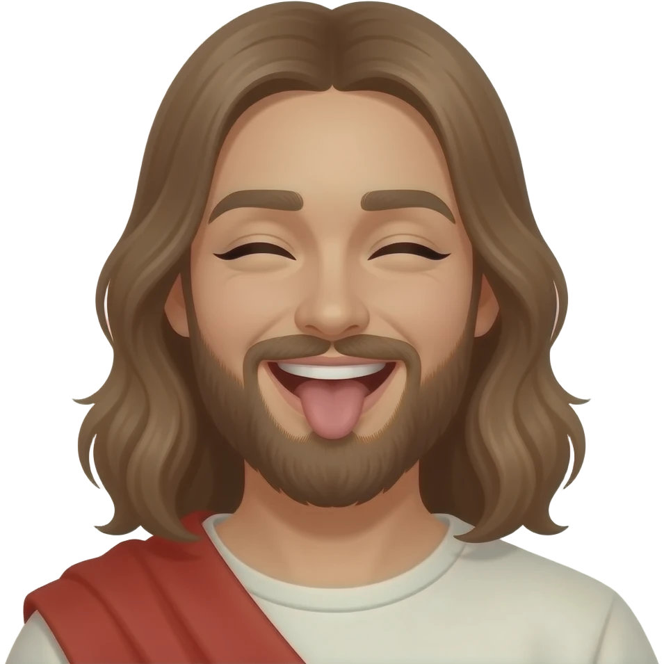 Jesus and a modern day woman with light brown hair making crossing their eyes and laughing with their tongue sticking out emoji