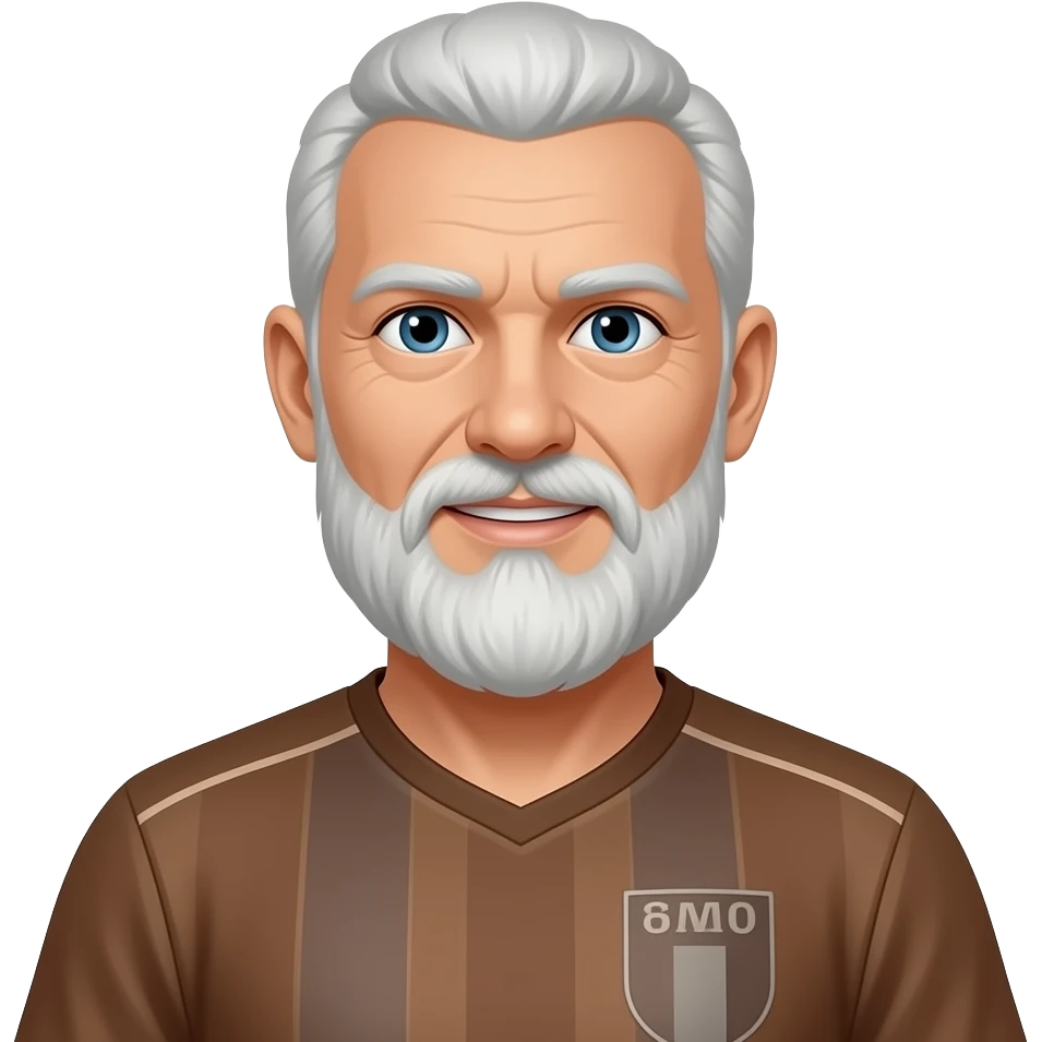 hace un jugador de futbol con ropa de futbol que sea viejo con barba con una remera marron y sin marca emoji