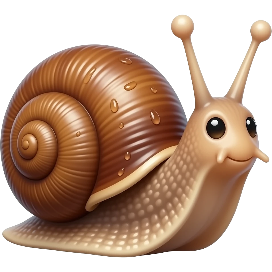 Realistic 3D emoji icon of a garden snail, close-up centered frontal view, highly detailed wet slimy texture of the body, smooth brown spiraled shell with natural stripes, realistic tiny tentacle eyes, macro photography style, photorealistic web asset, isolated on a solid white background emoji