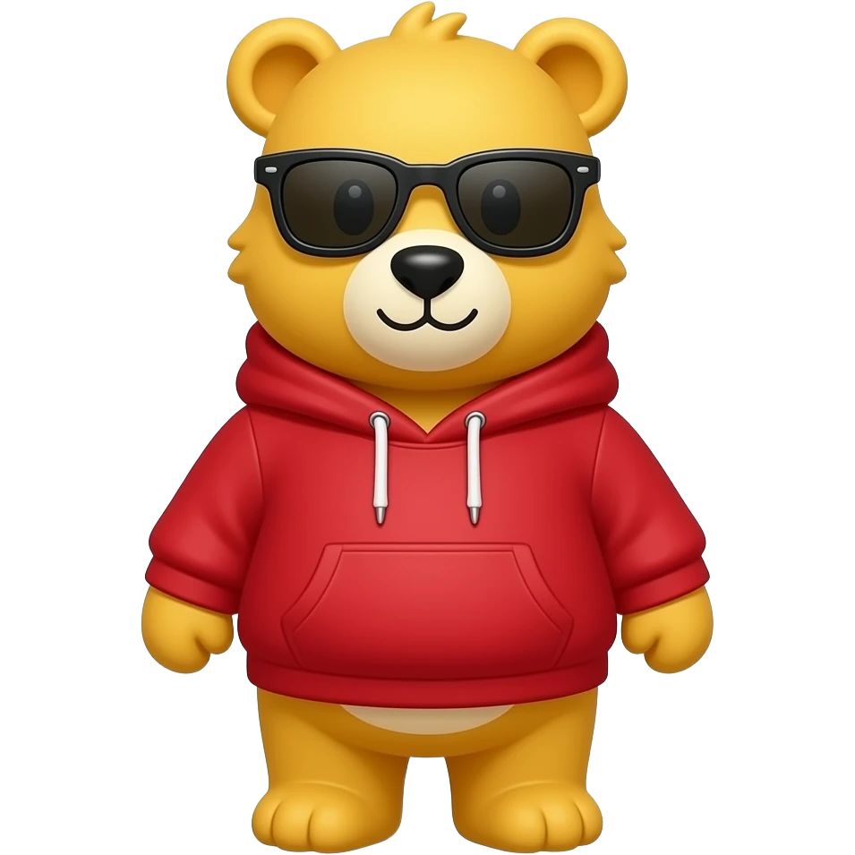 یه خرس زرد با یه هودی قرمز و با یه عینک آفتابی emoji
