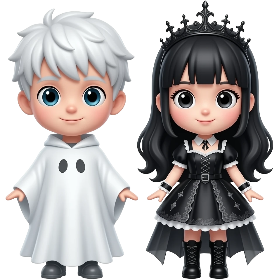 same exact cute 3D ghost couple emoji, front view, white ghost boy and gothic ghost girl, kawaii style, glossy 3D emoji render, only camera angle changes, same character identity, same proportions, same colors emoji