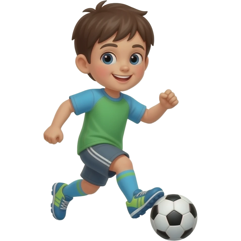niño jugando al soccer con camiseta verde celeste y gris con zapatillas de futbol emoji