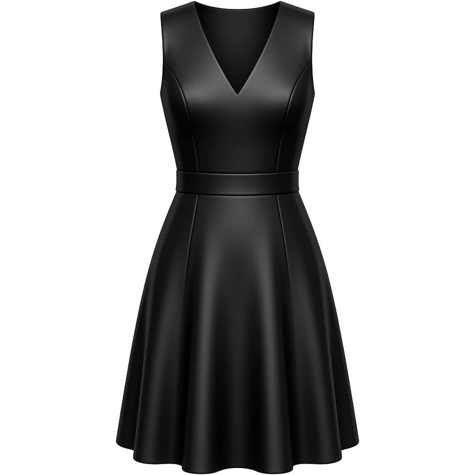 No belt. All Black. No trim. Sharp V neck. No belt. A line. Sleeveless. Panels coming out from the waist. Knee length emoji