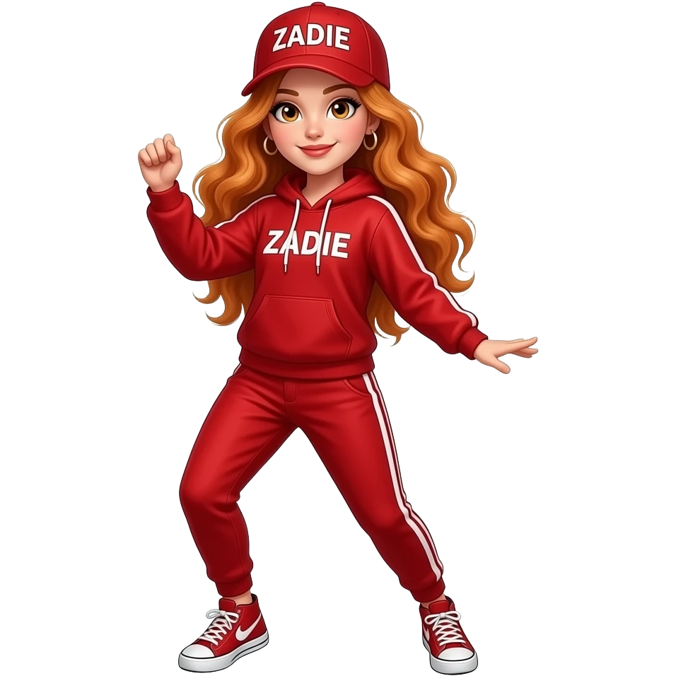 sexy girl with long wavy ginger hair and ginger eyes is wearing a red hip hop outfit and a cap with ZADIE written on it, is dancing, the full body is to seen emoji