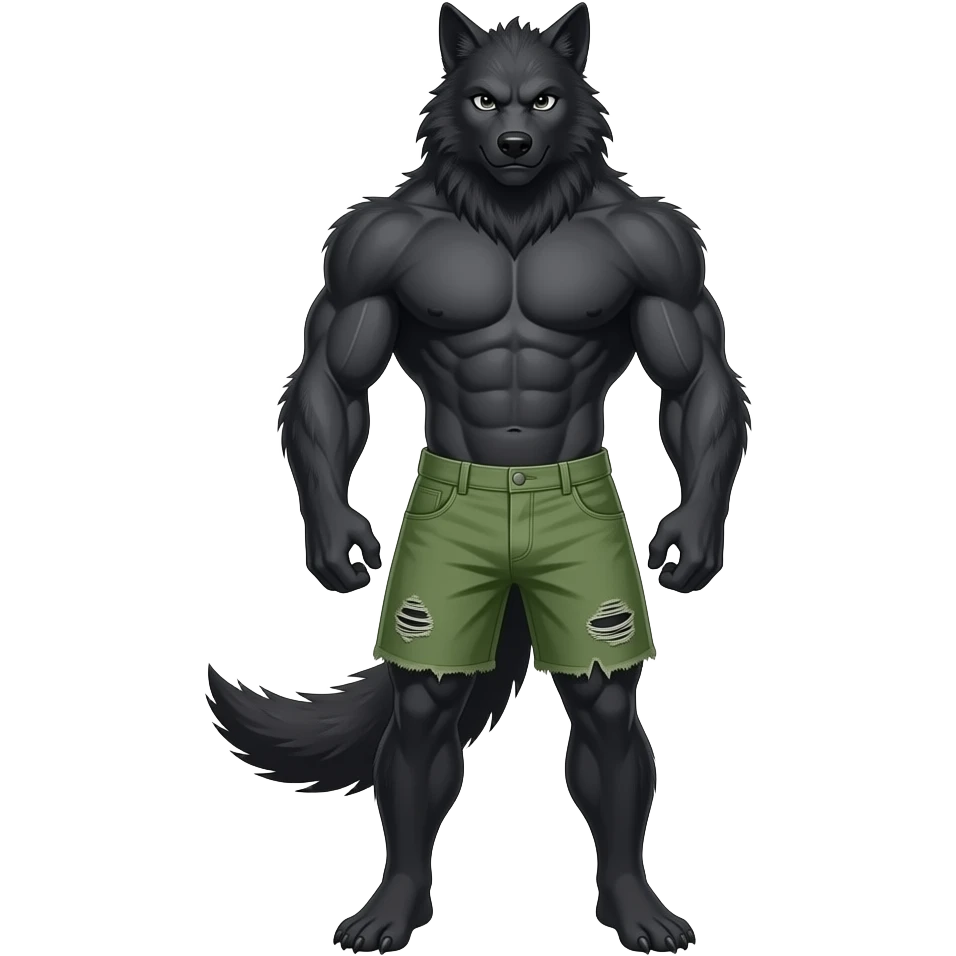 muscular young werewolf with black fur wearing ripped green shorts and no tail full body emoji emoji