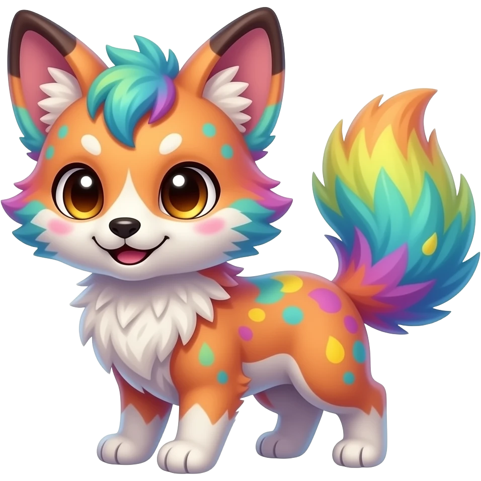 Feral Rare Fantasy vibrant colorful tropical cute, kawaii, cool, ed Vernid-Trico-species by LiLaiRa, random markings, tufted tail, tufted ears, full body, cheek markings emoji